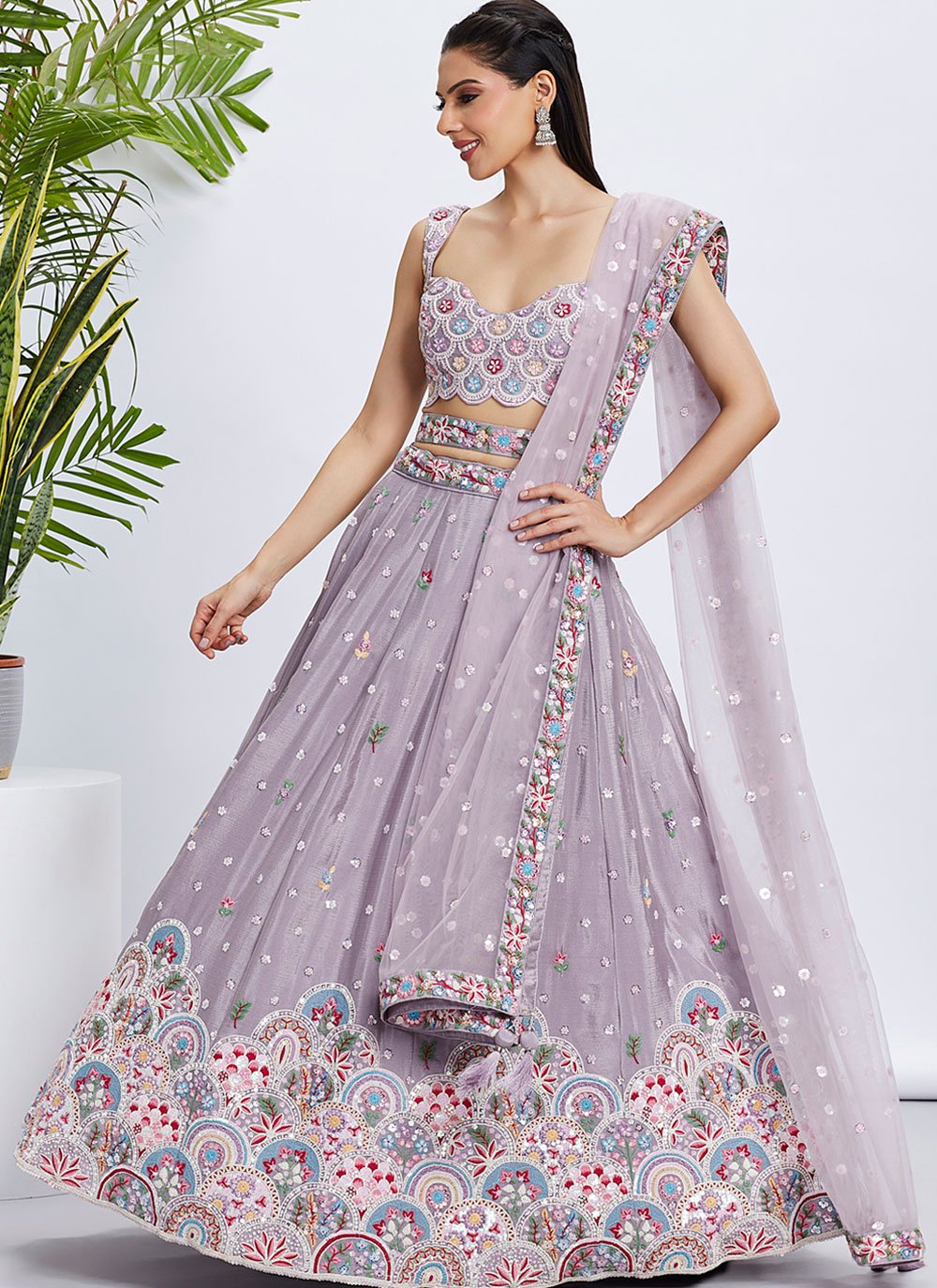 Mauve Wedding Wear Pure Chiffon Lehenga with Sequins and Thread Embroidery