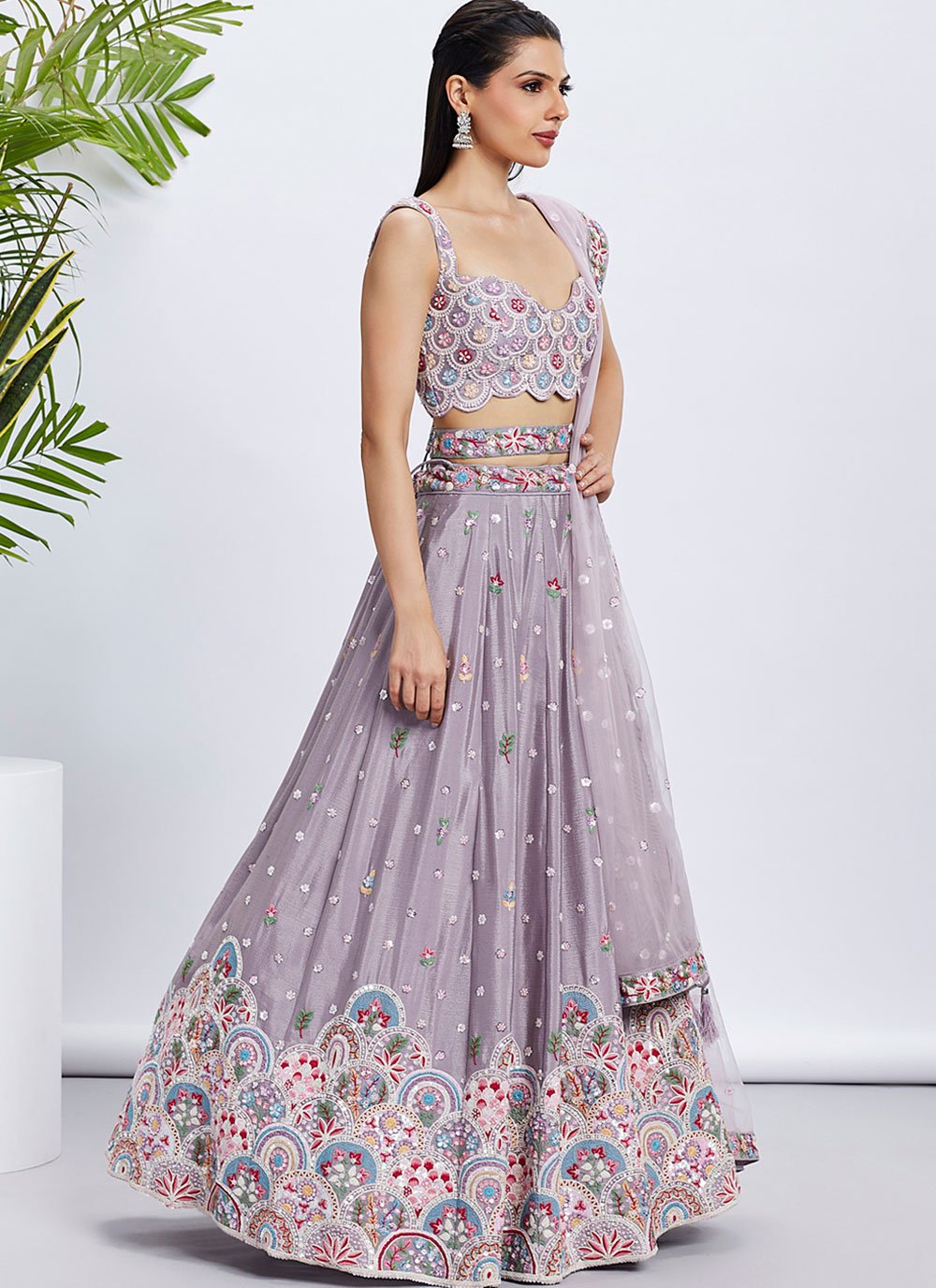 Mauve Wedding Wear Pure Chiffon Lehenga with Sequins and Thread Embroidery