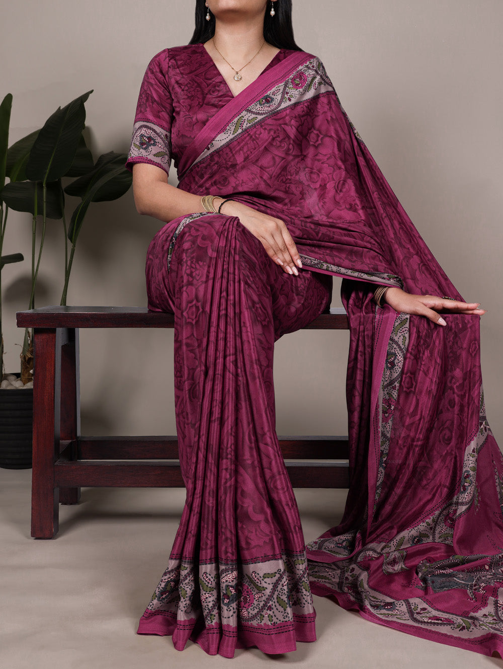 Magenta pink crepe saree with all-over print