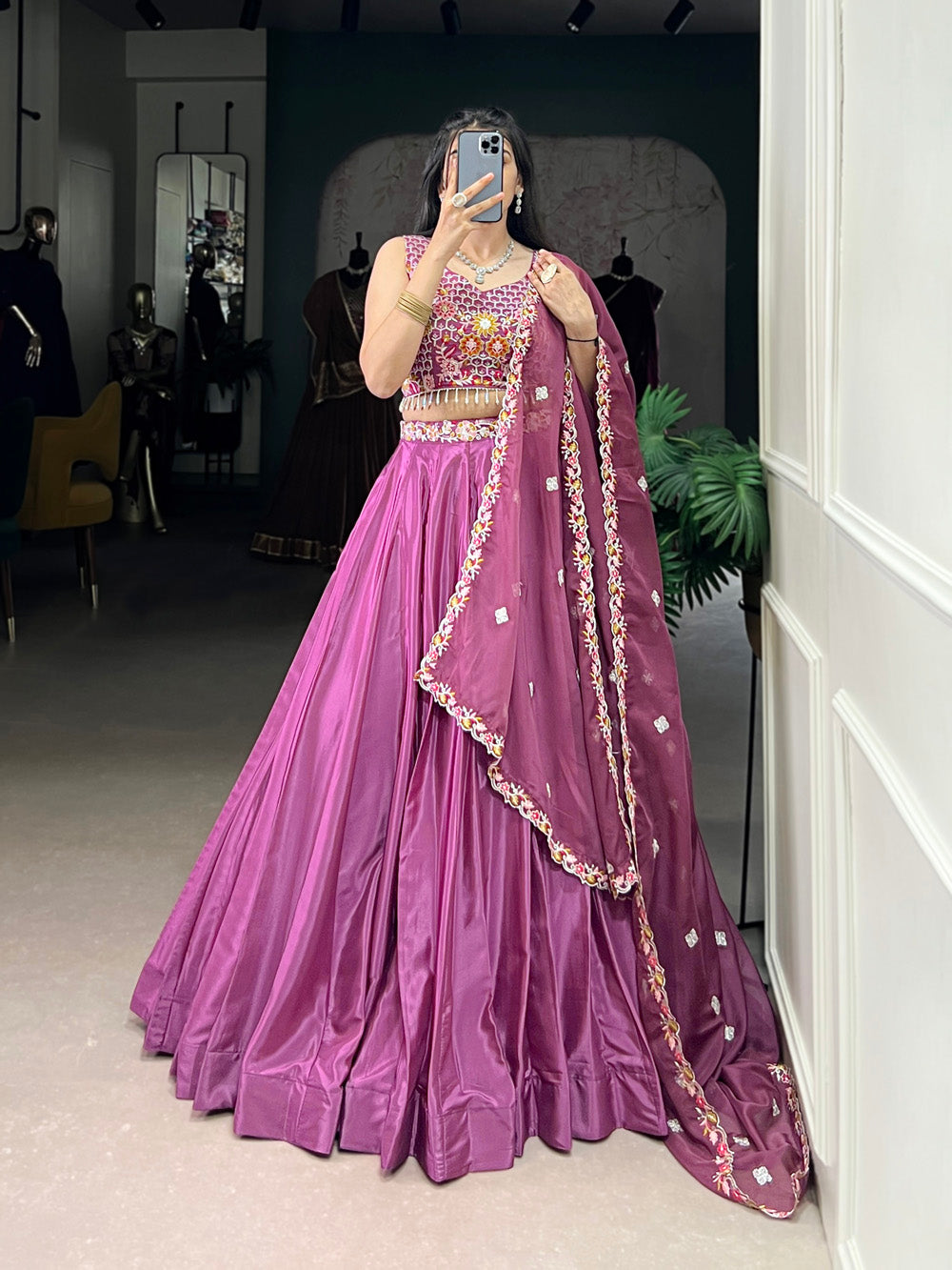 Magenta Pink Color Sequins and Thread Embroidery Work Silk Crepe Lehenga Choli