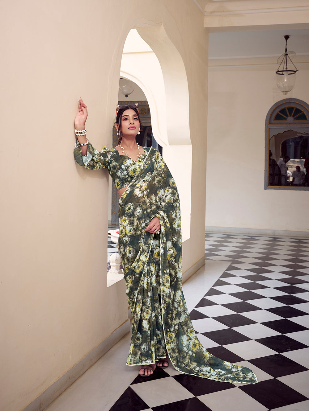 Mehandi green floral printed marble saree