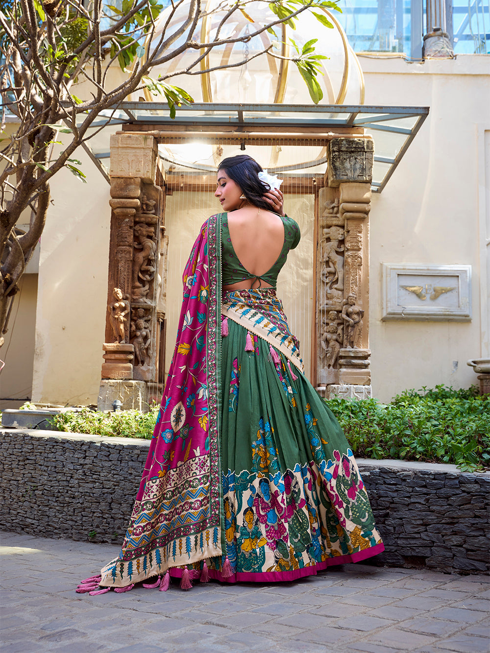Mehandi Color Kalamkari Print With Foil Work Tussar Silk Lehenga Choli