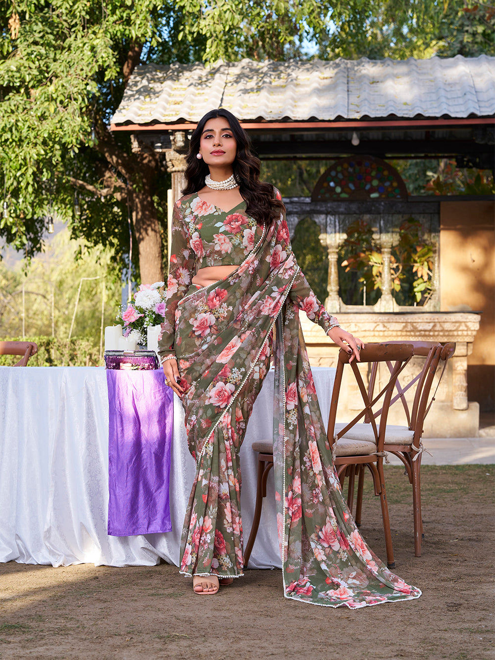 Mehendi saree with elegant pearl lace detailing
