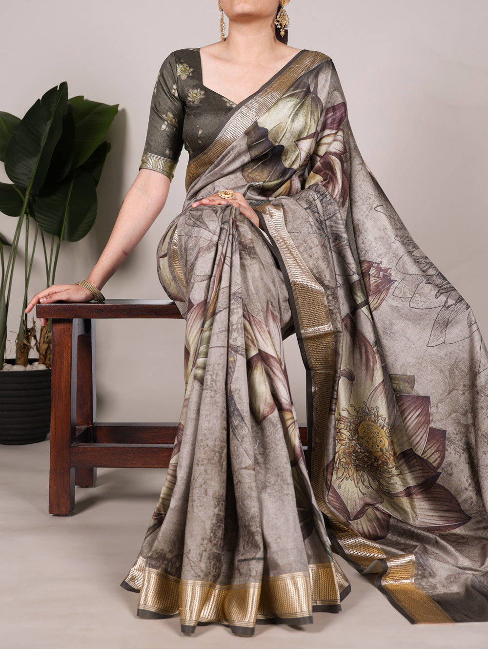 Mehandi tussar silk floral printed saree