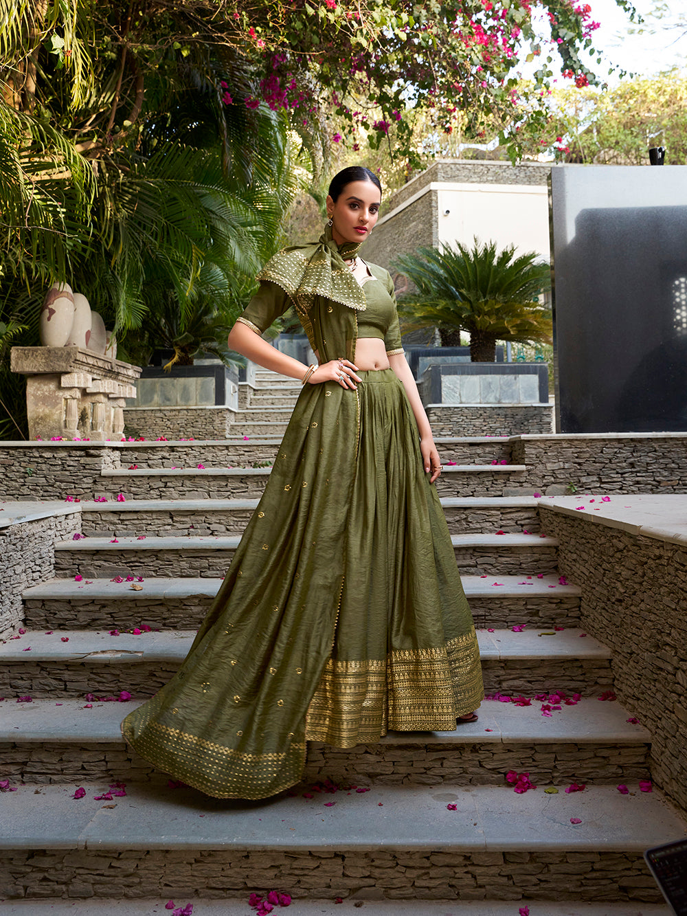 Mehandi Color Plain With Zari Weaving Work Chanderi Lehenga Choli