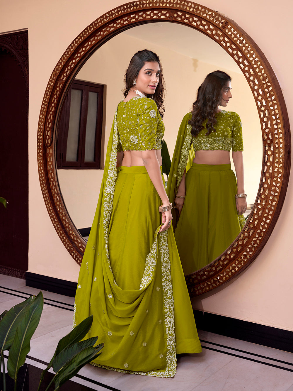 Parrot Color Pearl Coding And Sequins Embroidery Work Star Georgette Lehenga Choli