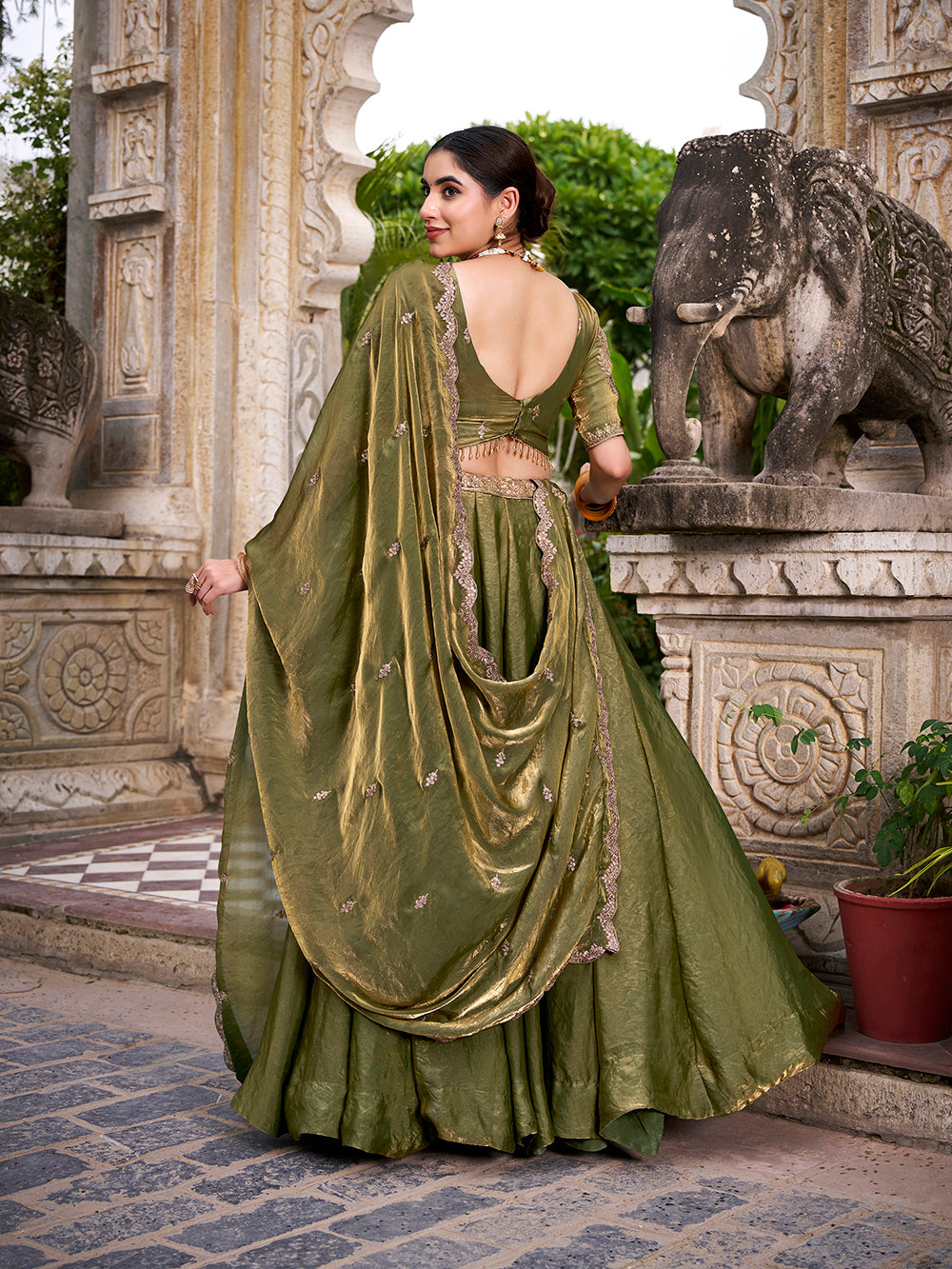 Mehandi Color Sequins And Thread Embroidery Work Belt Fendi Lehenga Choli