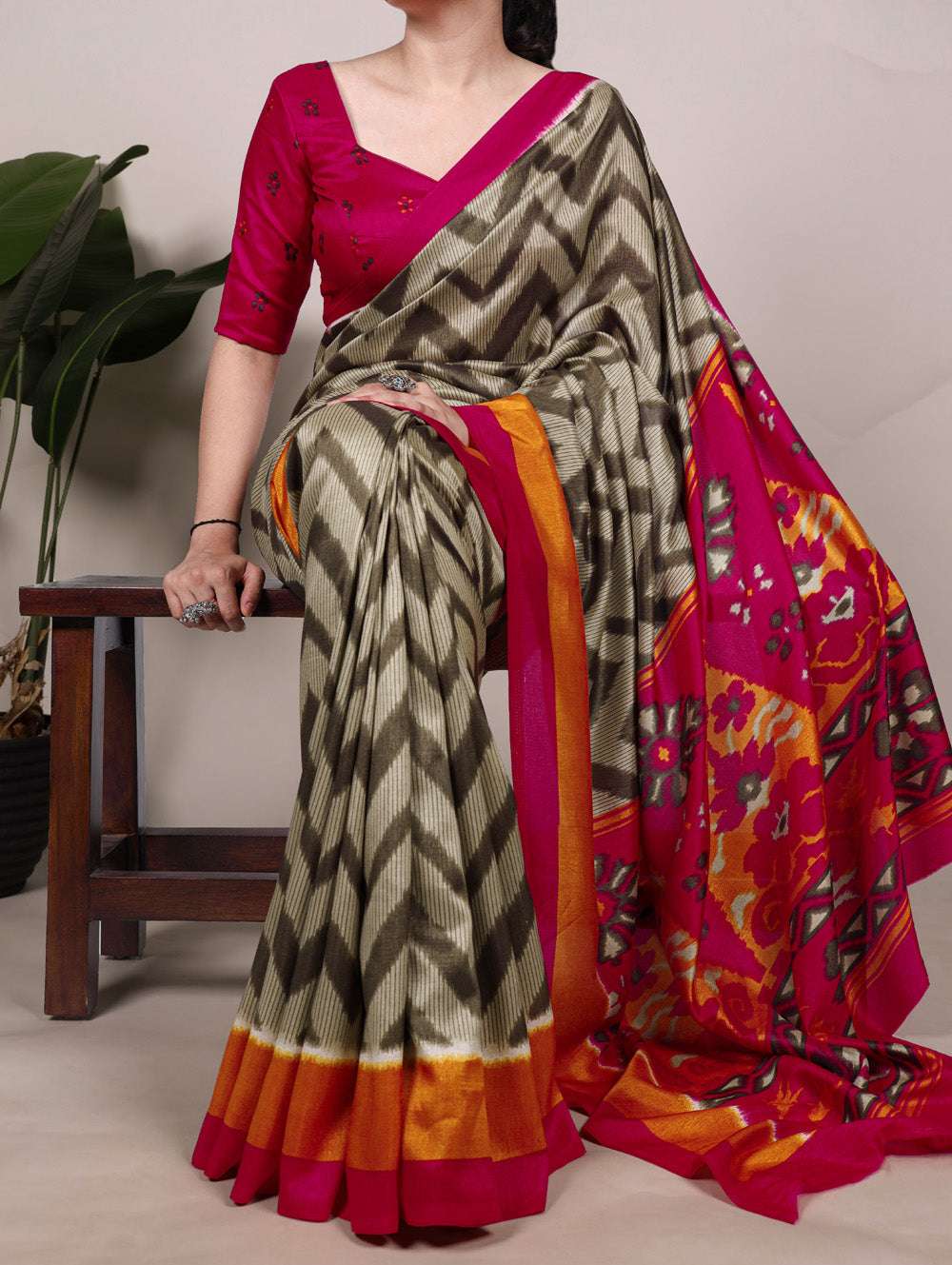 Mehendi printed tassar silk saree
