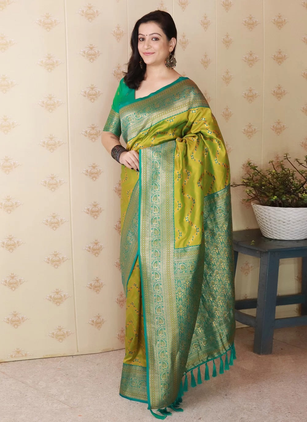 designer banarasi silk saree for wedding mehendi color