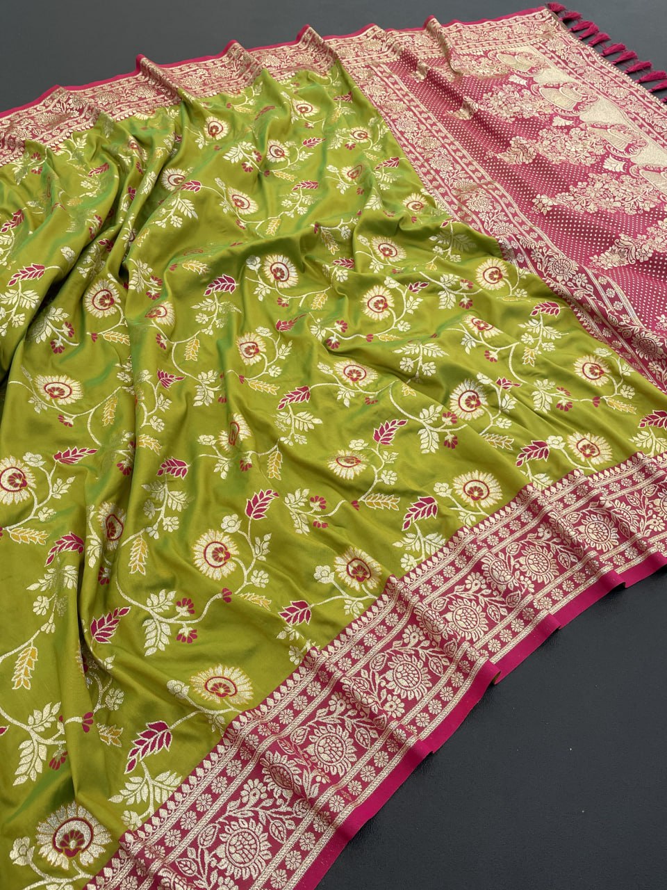 Mehendi Green Banarasi Soft Silk Saree with Zari