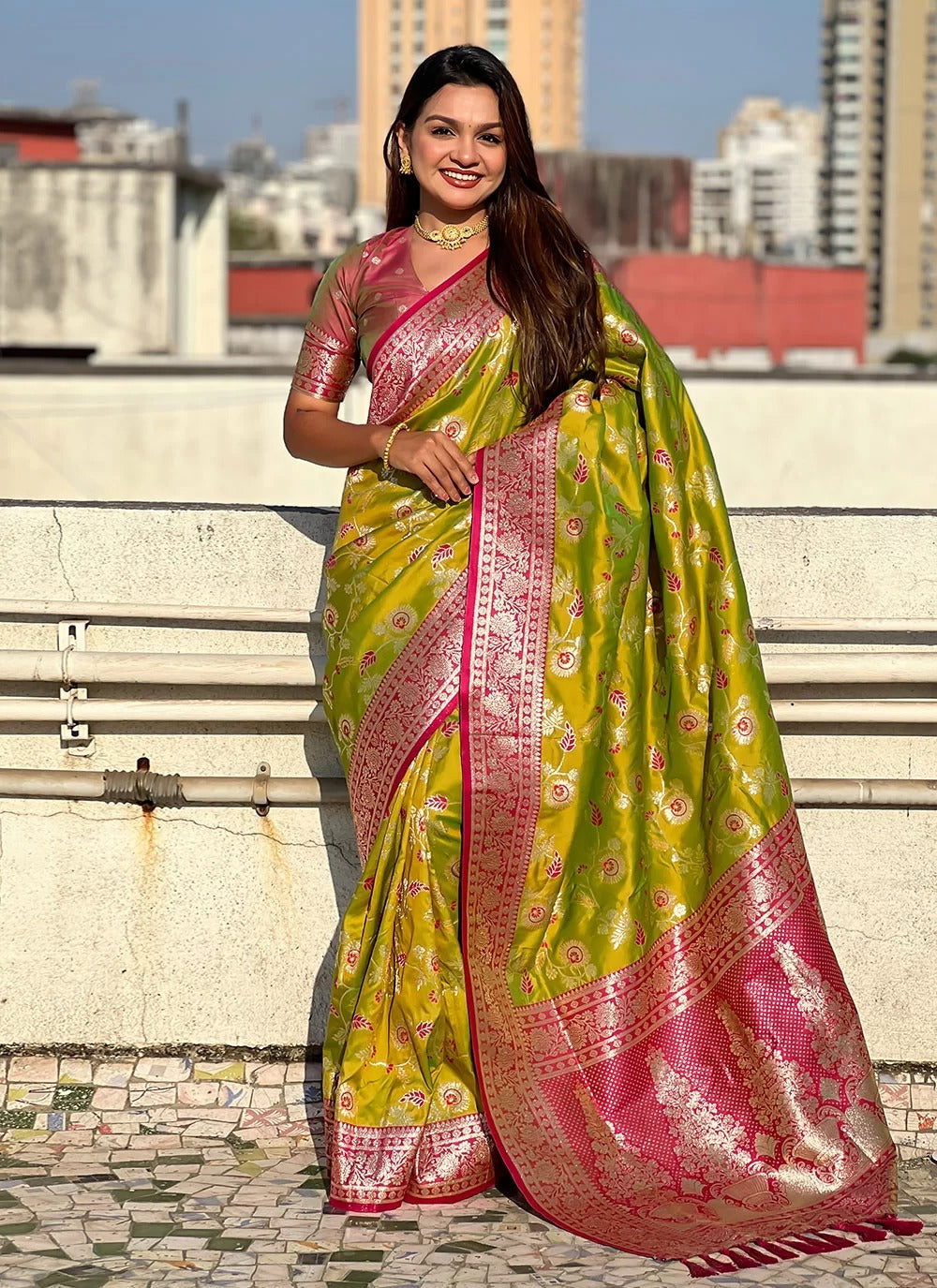 Mehendi green Banarasi silk saree for wedding with rose gold zari meenakari jaal