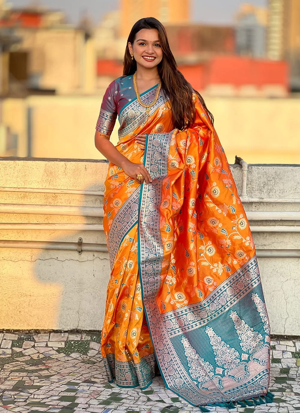 Banarasi soft silk saree online in orange with rose gold zari meenakari jaal