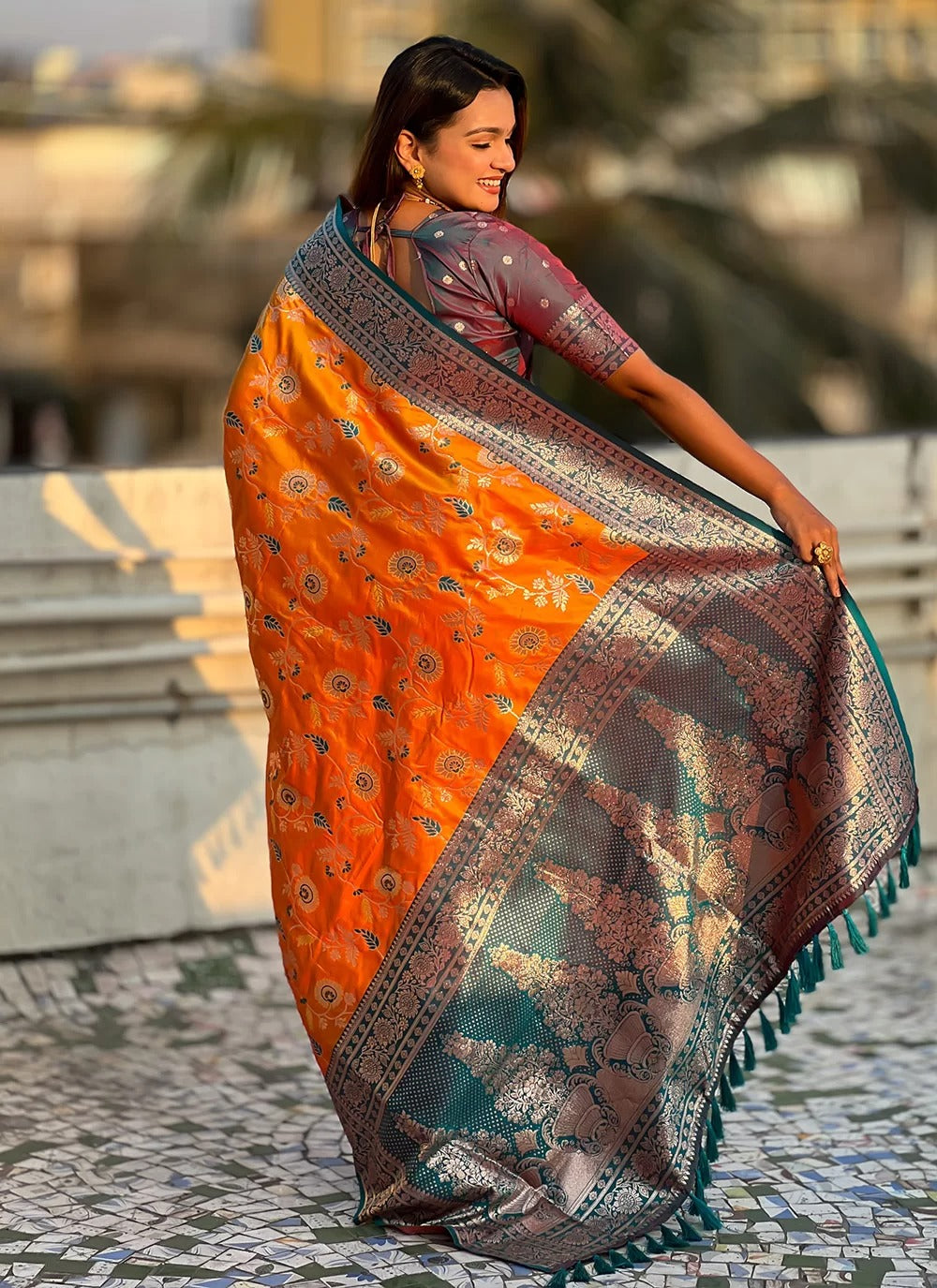 Orange Banarasi Soft Silk Saree with Zari Weaving