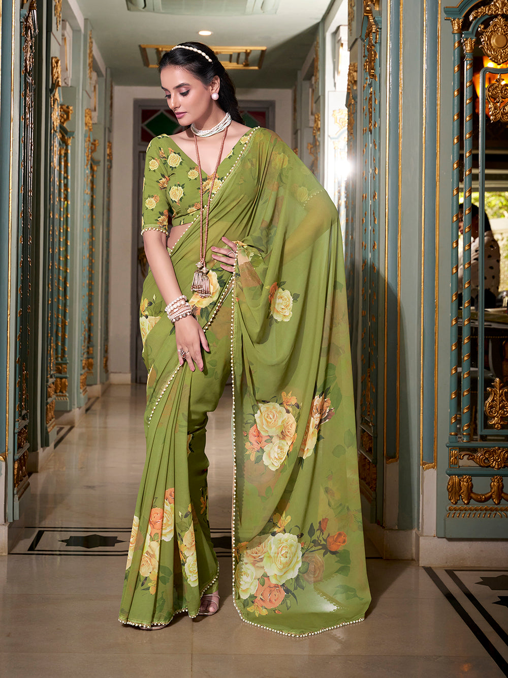 Mehendi color festive saree with matching blouse