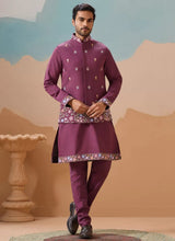 Regal Dusty Viscose Silk Men Koti Kurta Pajama Set with Embroidery