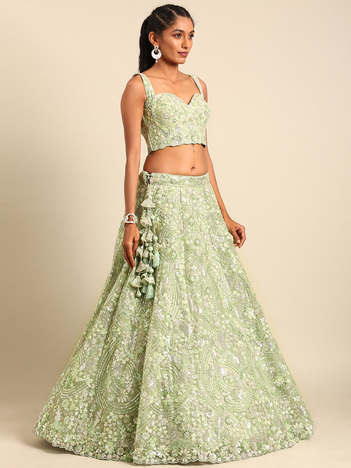 Mesmerizing Limegreen Net Lehenga Choli Set with Zarkan & Sequins Embroidery