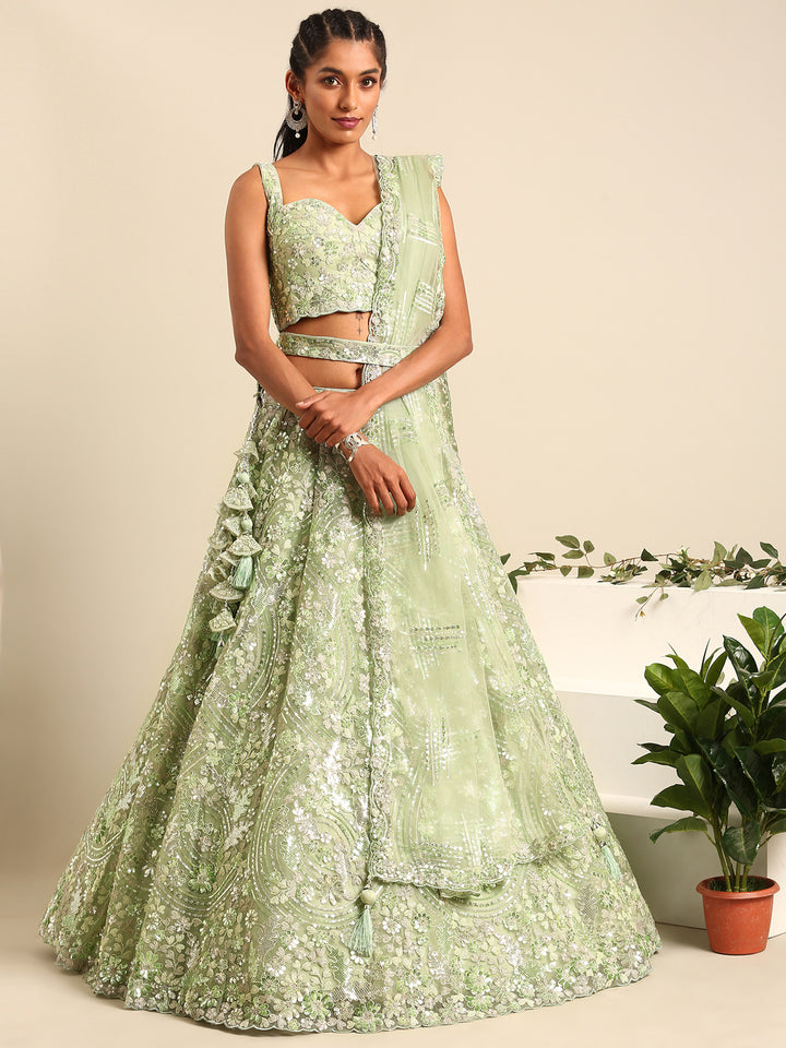 Mesmerizing Limegreen Net Lehenga Choli Set with Zarkan & Sequins Embroidery