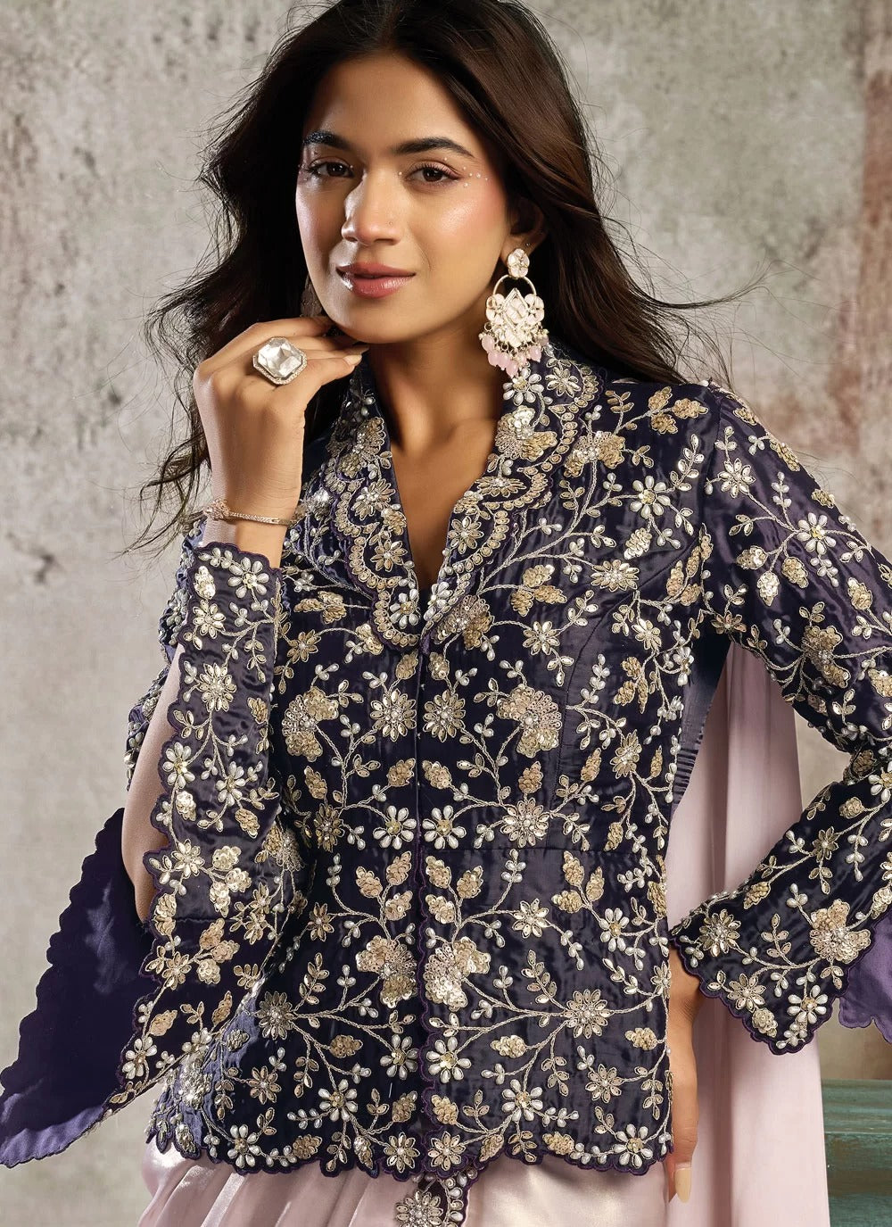 Party wear ready to wear saree with blazer style blouse and belt