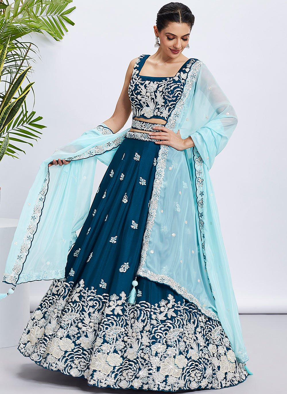 Modern Teal Wedding Guest Lehenga with Stylish Waist Belt