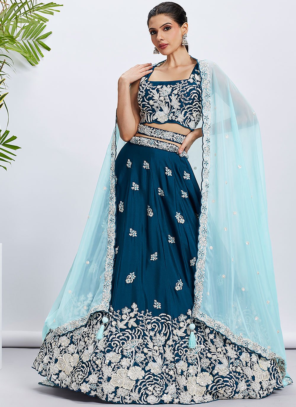 Teal Wedding Guest Lehenga with Sequins Work