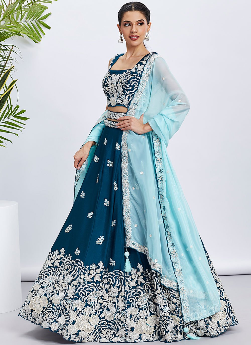 Elegant Indian Teal Lehenga with Organza Dupatta