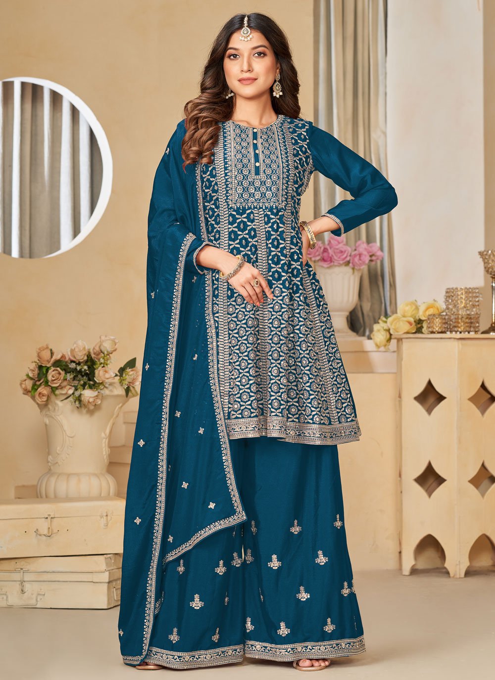 Morpeach Embroidered Chinon Stylish Sharara Suit for Engagements