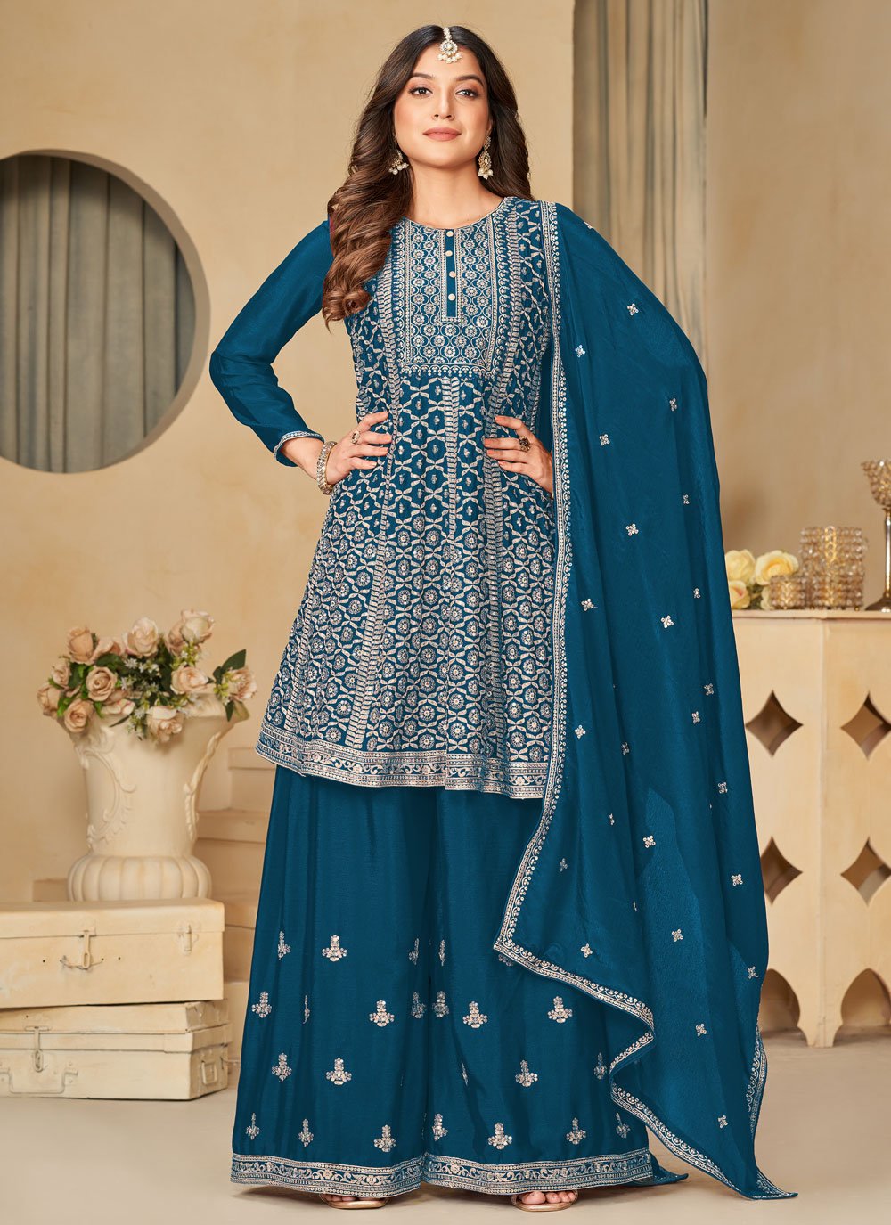 Morpeach Embroidered Chinon Stylish Sharara Suit for Engagements