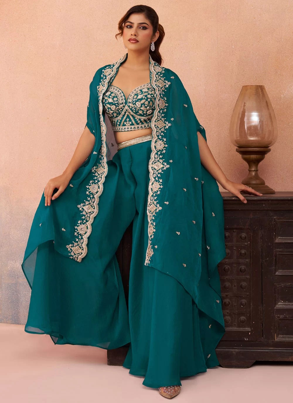 Morpeach flared palazzo set with beads embroidered cape