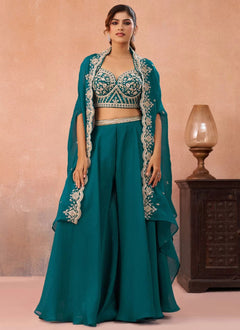 Morpeach Organza Indo Western Set with Embroidered Flared Cape & Palazzo