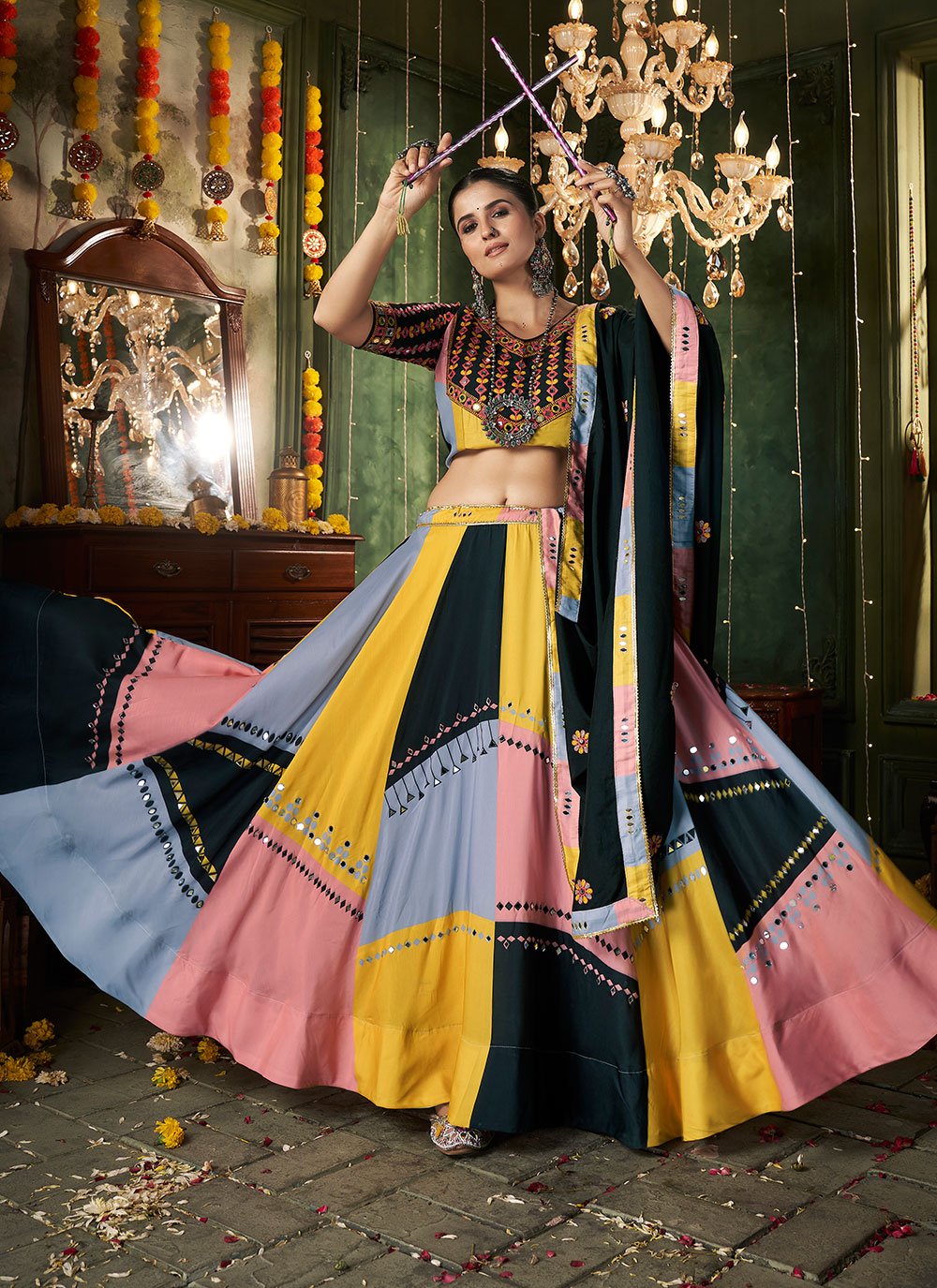 Multi color Mirror Work Maslin Cotton Lehenga for Navratri