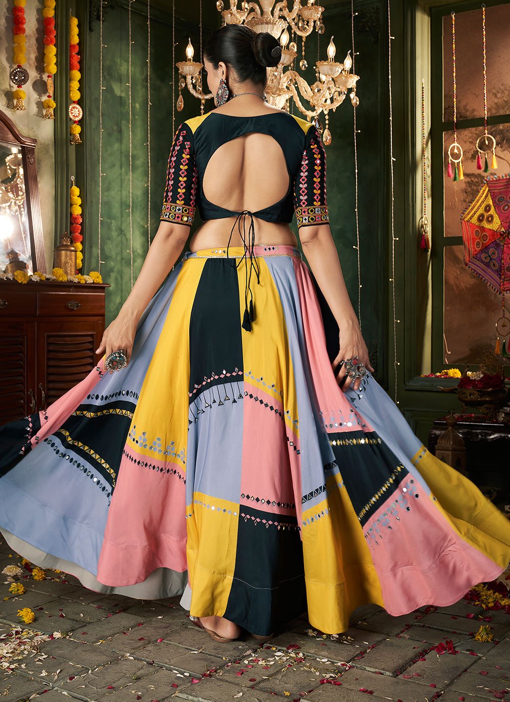 Multi color Mirror Work Maslin Cotton Lehenga for Navratri