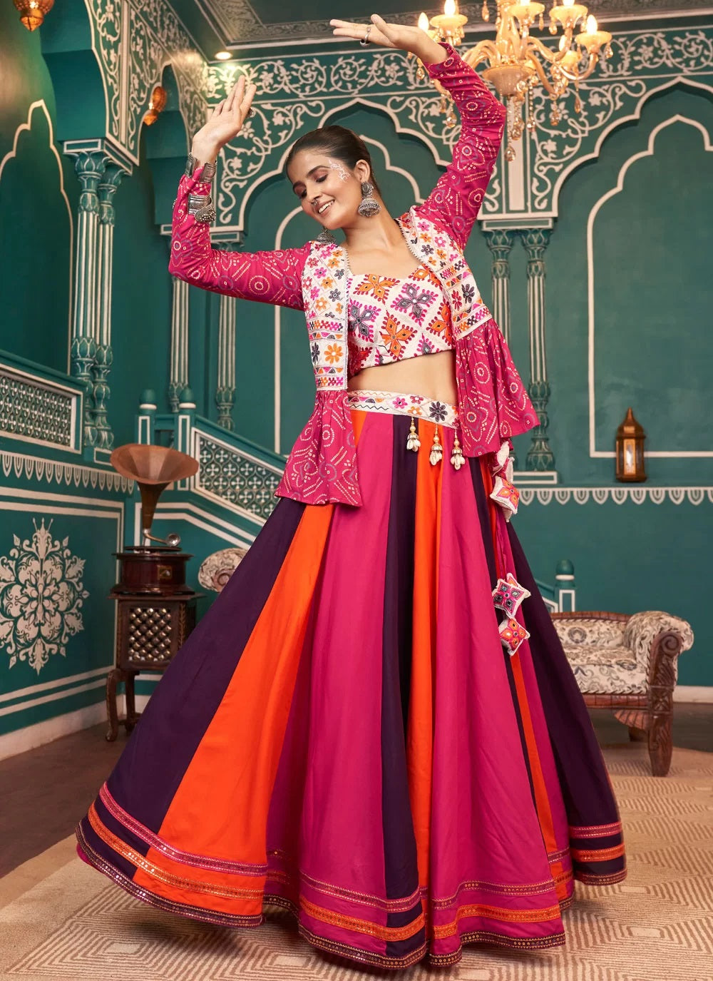 Multi Color Viscose Rayon Navratri Lehenga Choli with Lace Flair