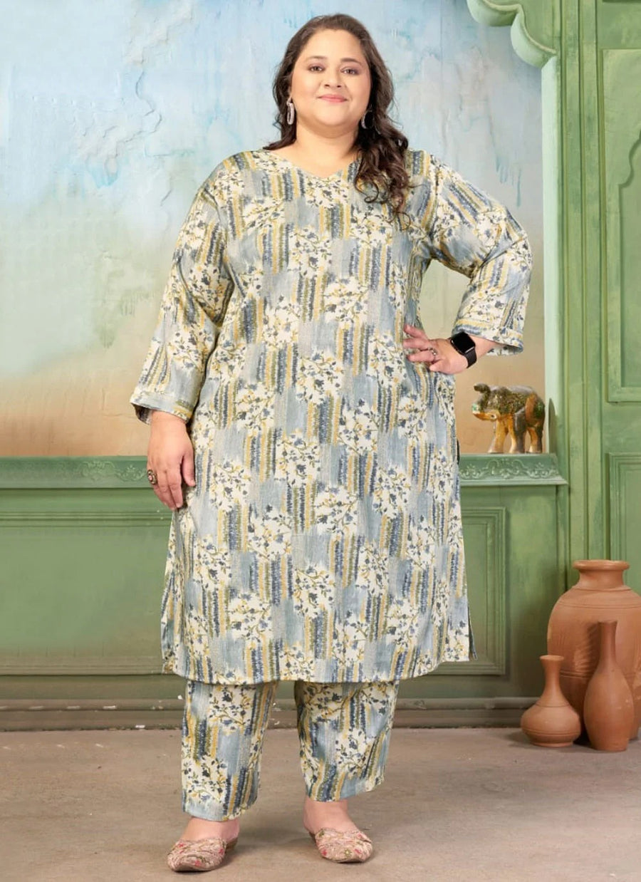 Multi Color Plus Size Co-Ord Set for Women in Soft Riyon Slub Print Fabric