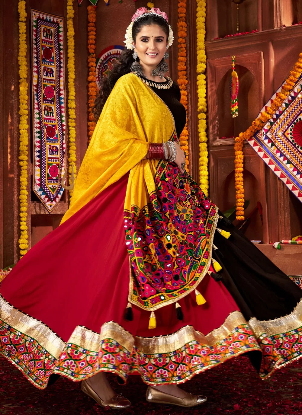 Kutchi work blouse with multi-color lehenga for Dandiya nights
