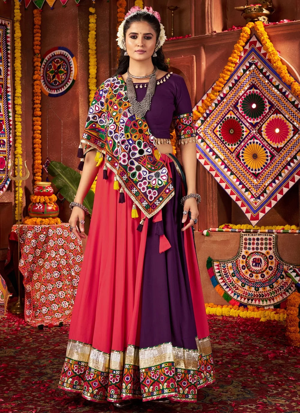 Kutchi work choli with multi-color mirror work lehenga
