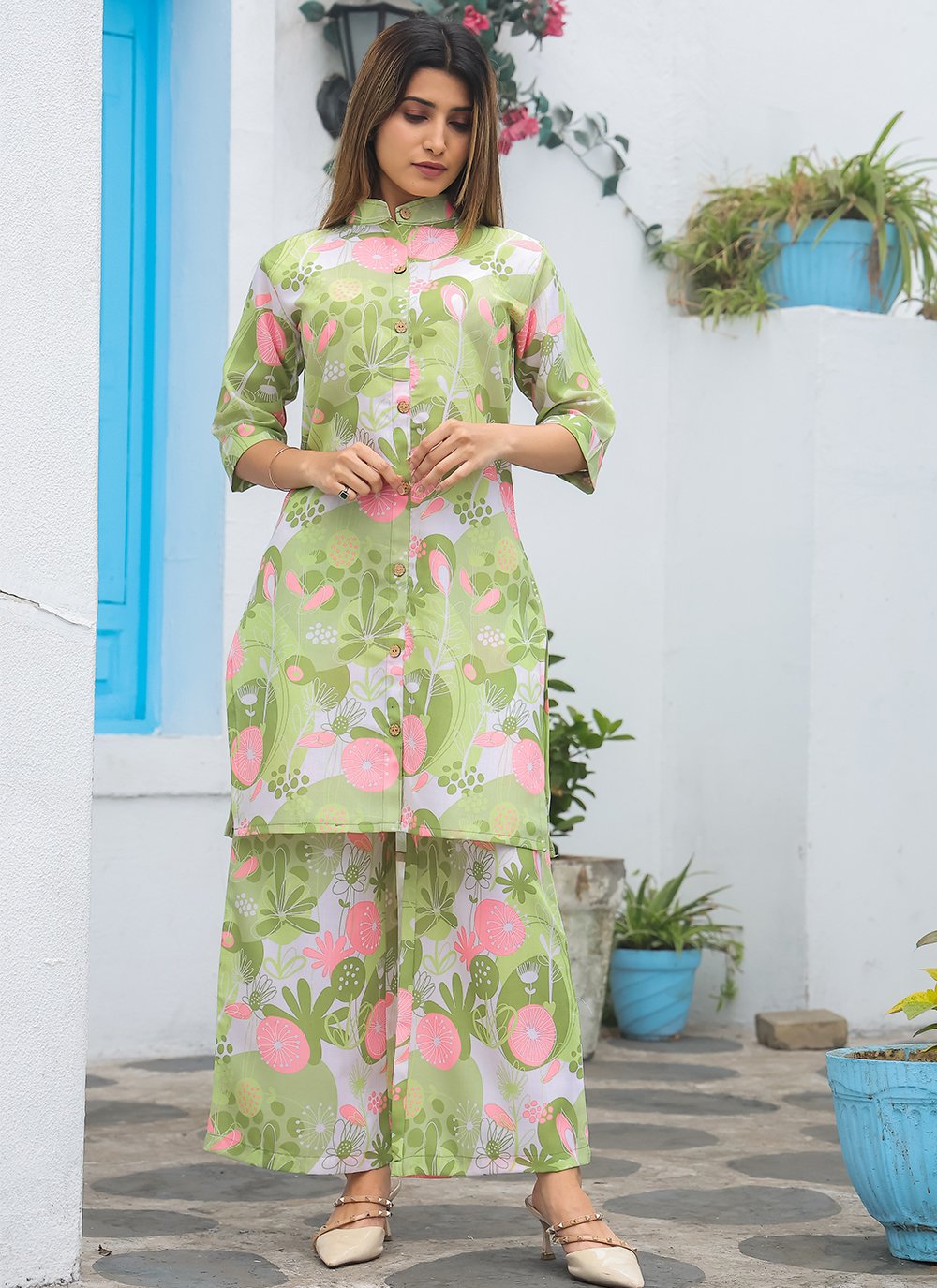 MultiColor Cotton Kurti and Pant Set Printed Design