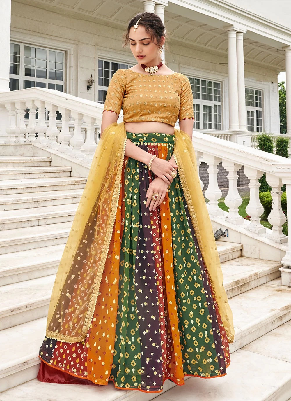 Multicolor Georgette Reception Lehenga with Sequence work