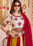 Beige mirror work choli with red dupatta for Navratri dress