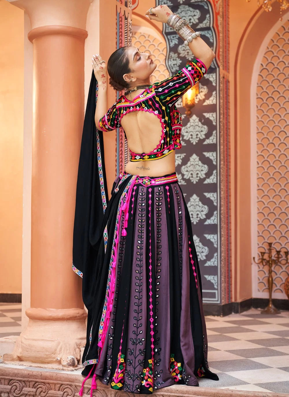 Multicolor Navratri Lehenga with Mirror Work With Embroidered 7-Meter Flair