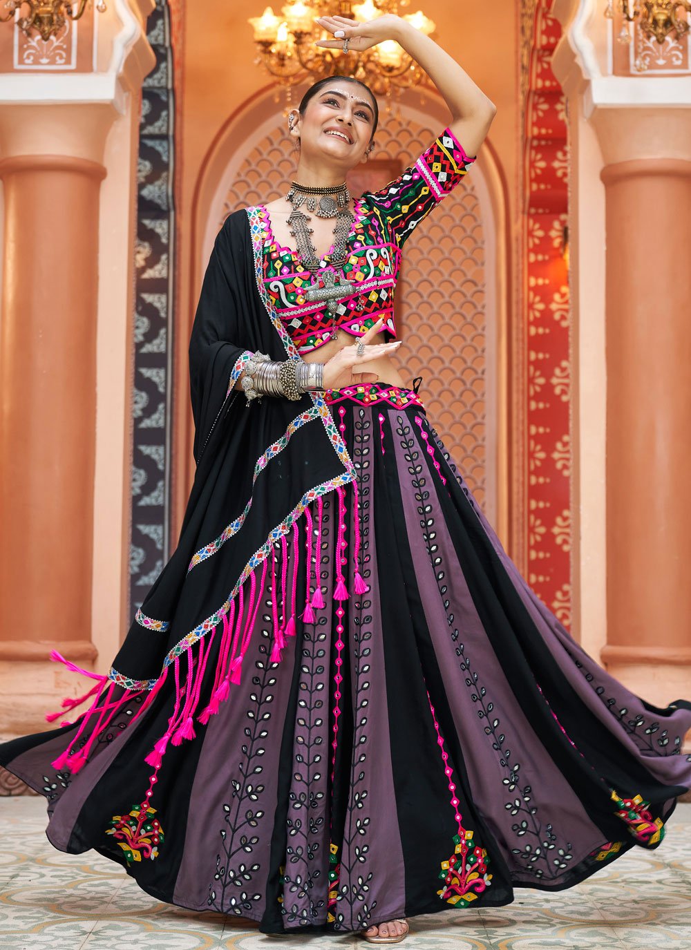 Multicolor Navratri Lehenga with Mirror Work With Embroidered 7-Meter Flair