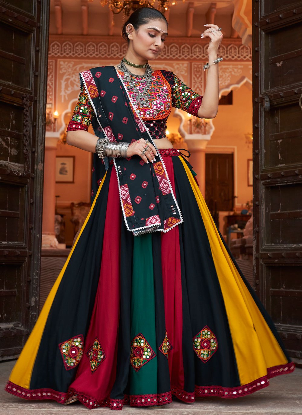 Multicolor New Navratri Chaniya Choli with Mirror Work and Embroidery Viscose Rayon