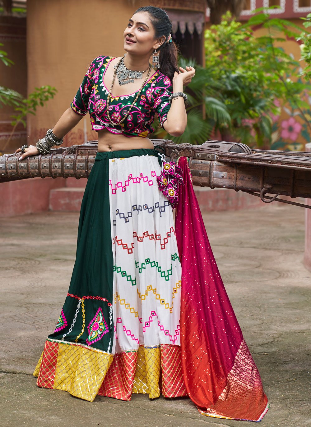 Multicolor Viscose Rayon Embroidered Mirror Work Chaniya Choli for Navratri