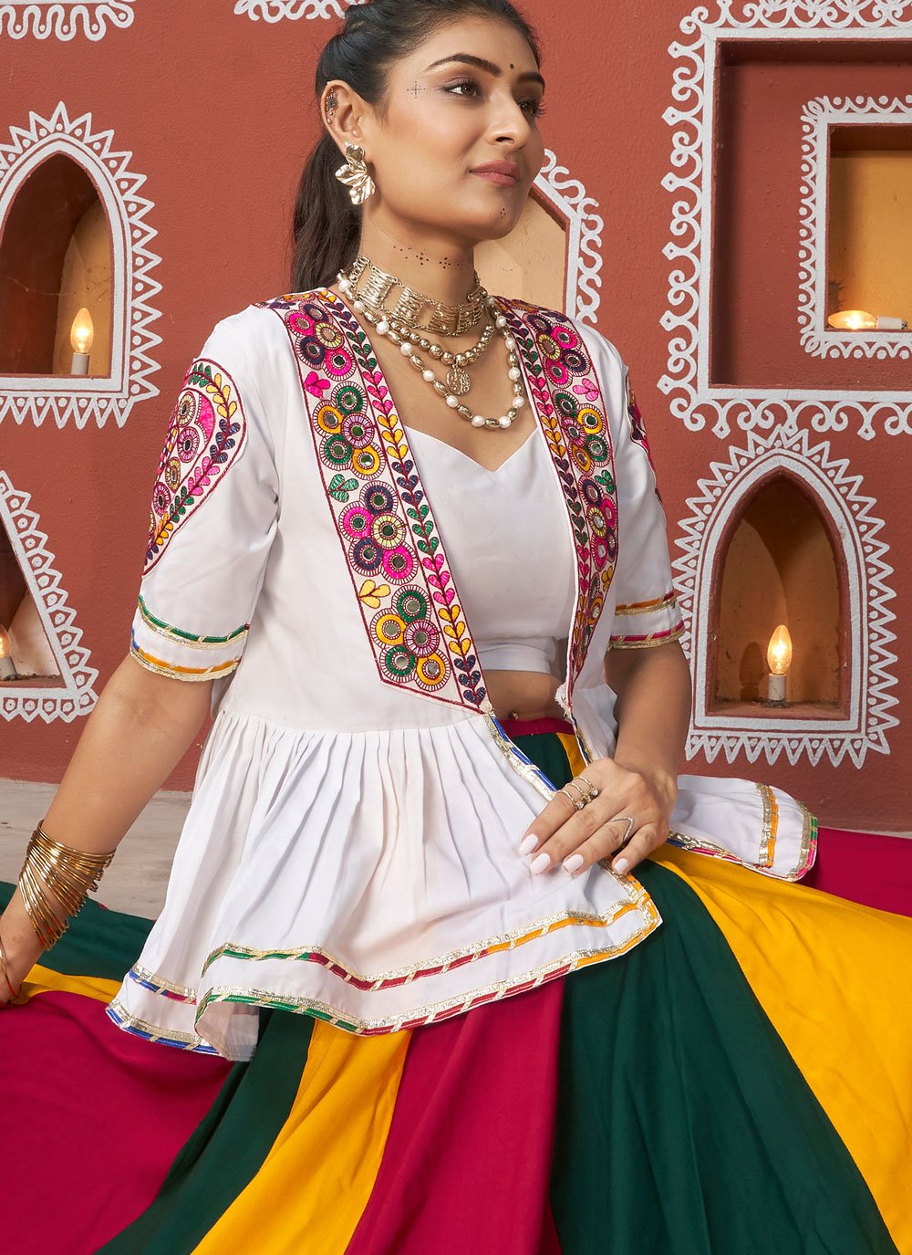 Multicolor Viscose Rayon Traditional Navratri Outfit with Embroidered Waist Belt and Latkan