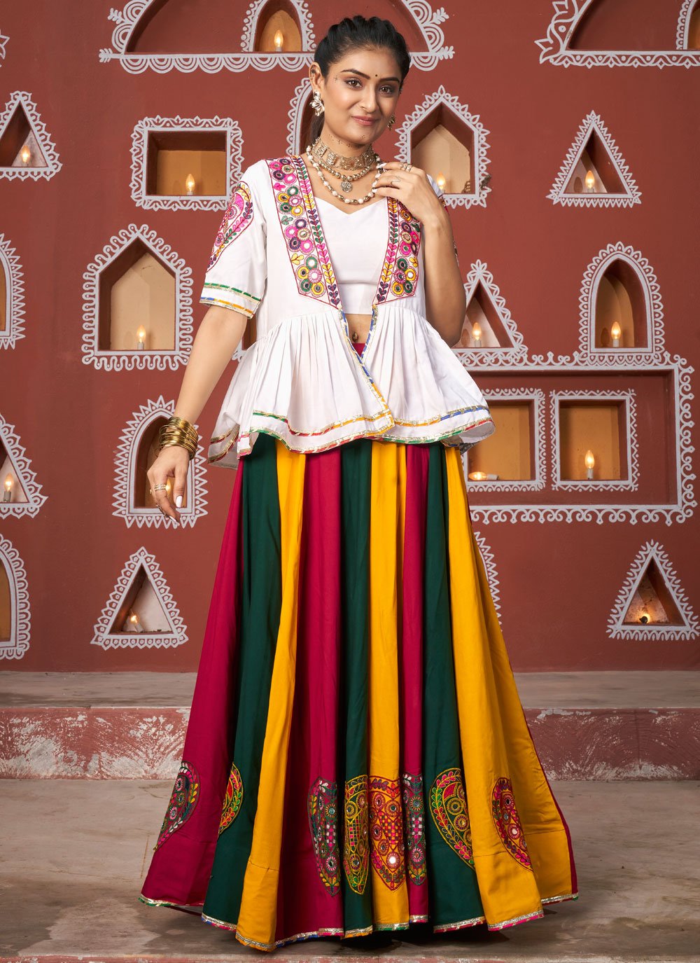 Multicolor Viscose Rayon Traditional Navratri Outfit with Embroidered Waist Belt and Latkan