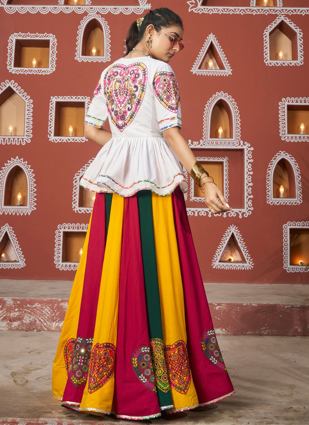 Multicolor Viscose Rayon Traditional Navratri Outfit with Embroidered Waist Belt and Latkan