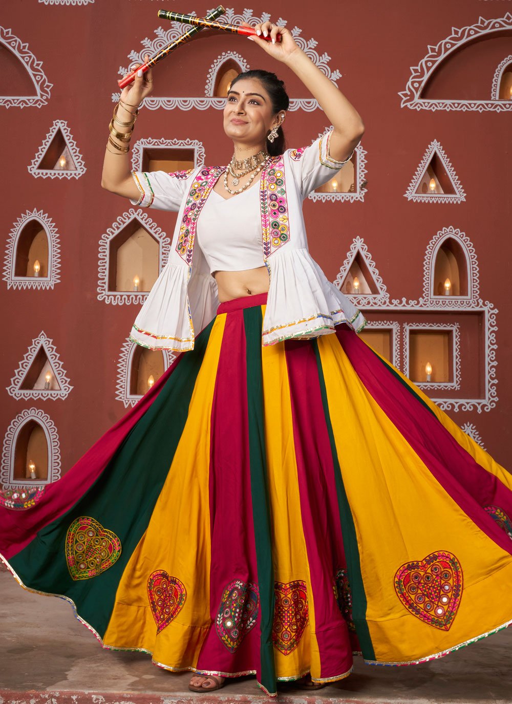 Multicolor Viscose Rayon Traditional Navratri Outfit with Embroidered Waist Belt and Latkan