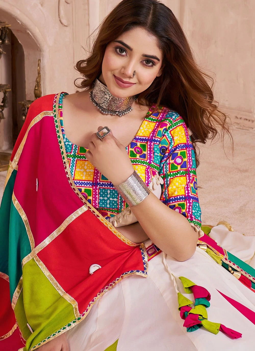 Trendy Navratri Outfit Ideas – Multicolor Lehenga Choli with Mirror Work