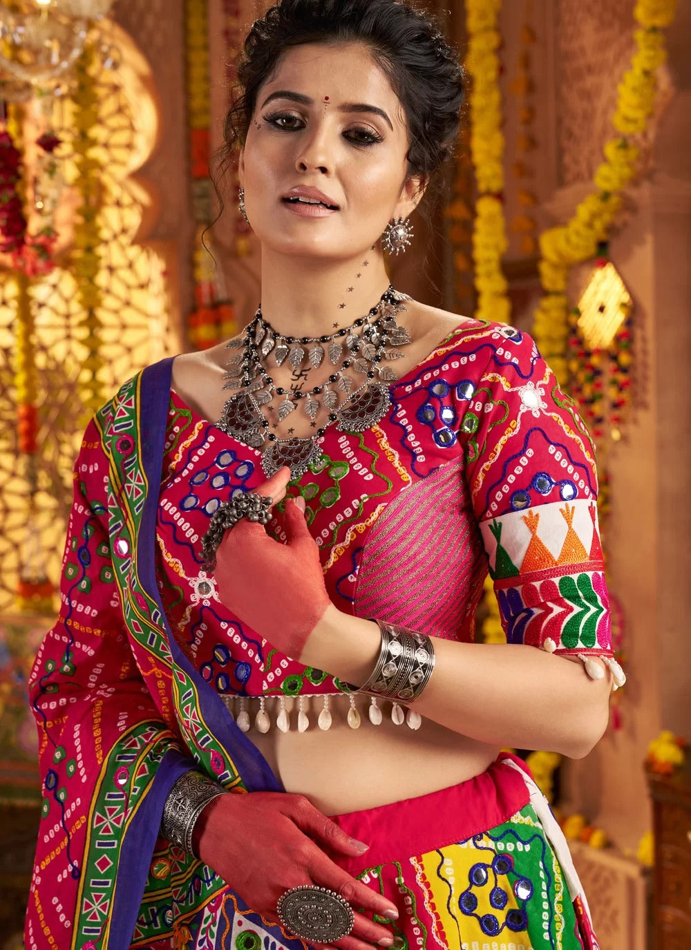 Printed pink dupatta with aari and foil work for festive look