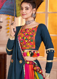 Designer teal blue Navratri outfit with dupatta and tassels