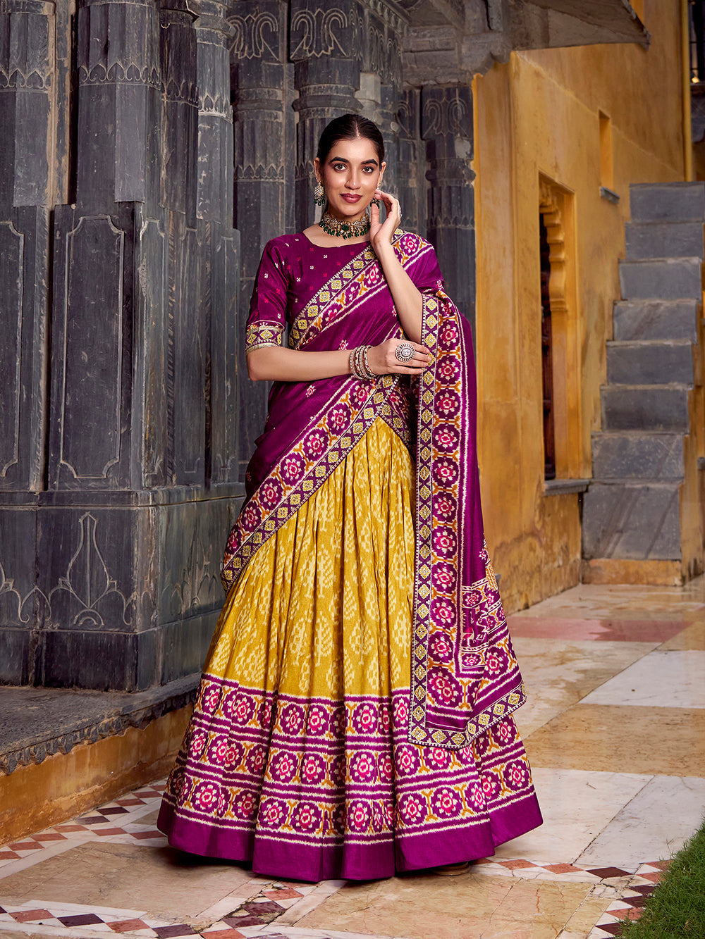 Tasar silk mustard lehenga with wine blouse